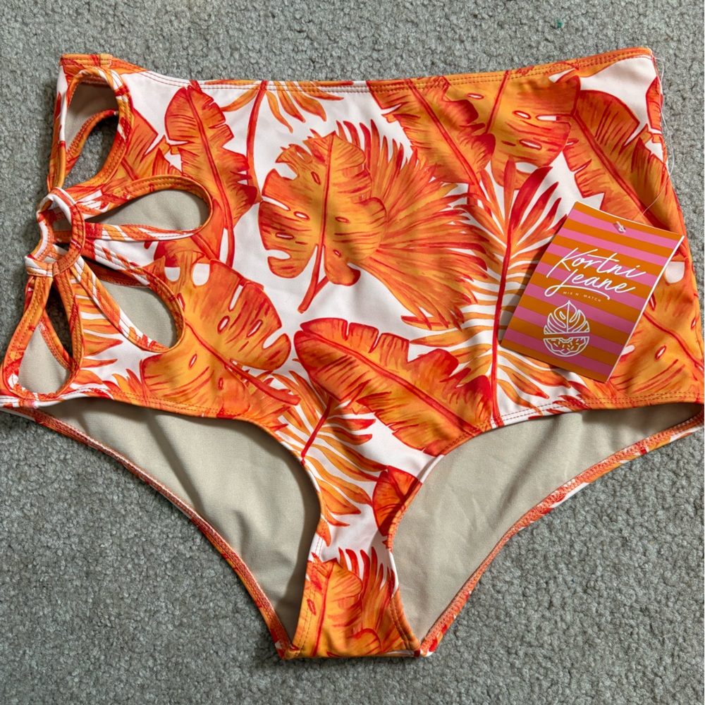Kortni Jeane Orange Leaf Print Bikini Bottom